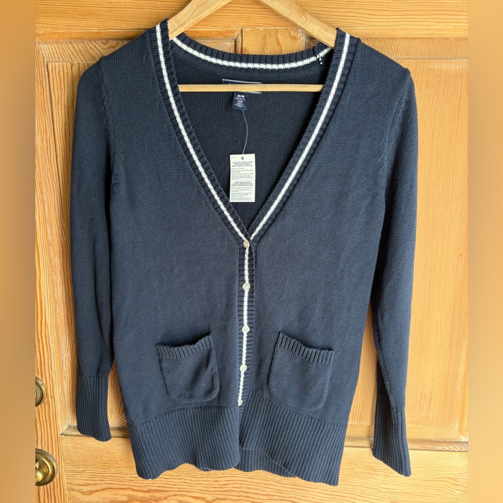 NWT Lands' End Navy Cardigan | Preppy | Size Medium | 100% Cotton